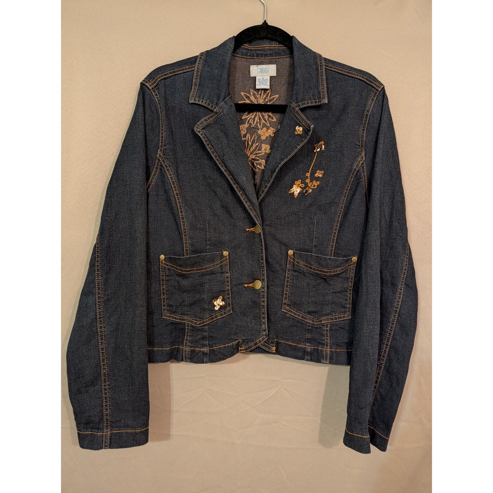 Shore Womens Dark Wash Denim Floral Embroidered Sequin Blazer Jacket Medium